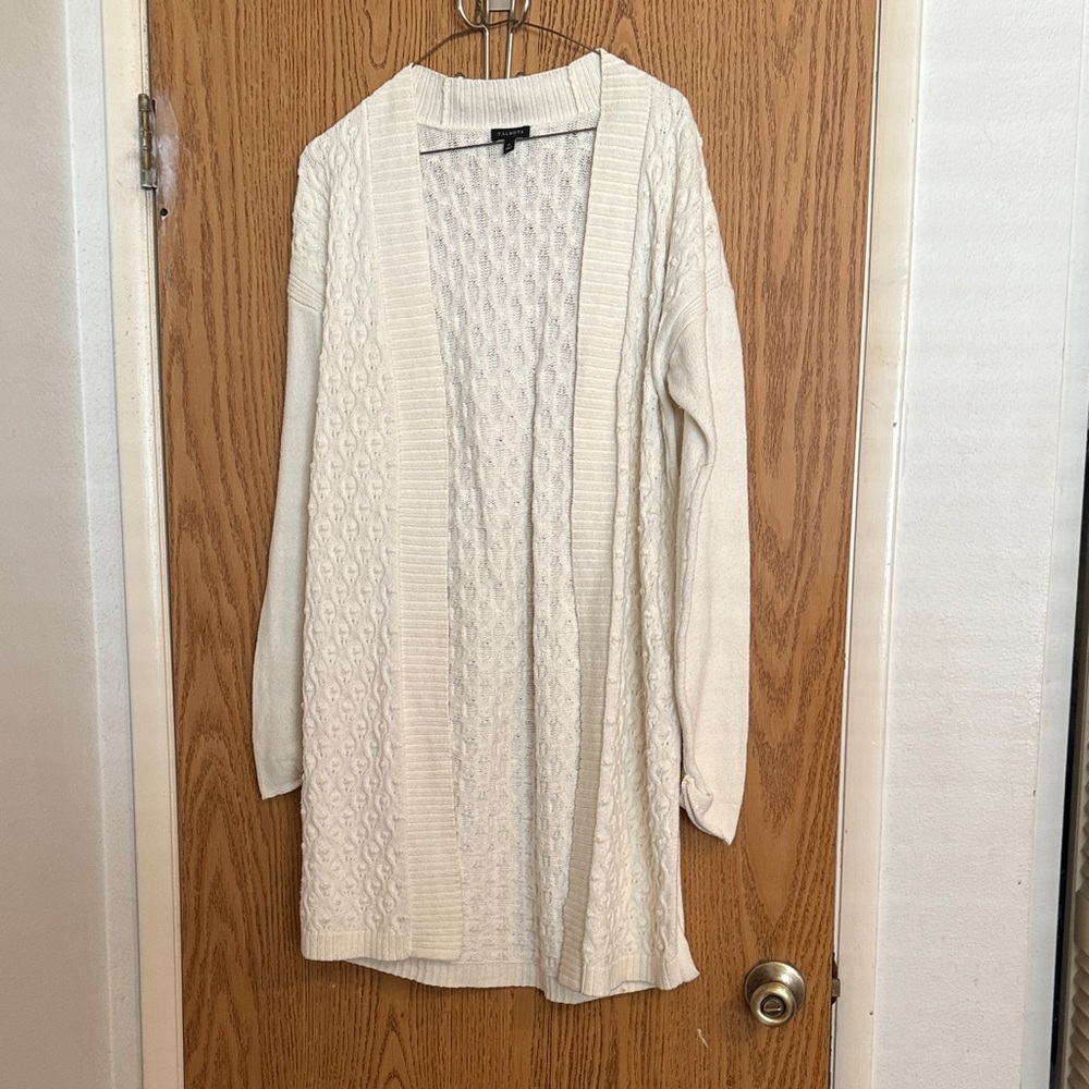 Talbots Chunky Cable Knit Tunic Length Open Front Cardigan Sweater M Cream Ivory